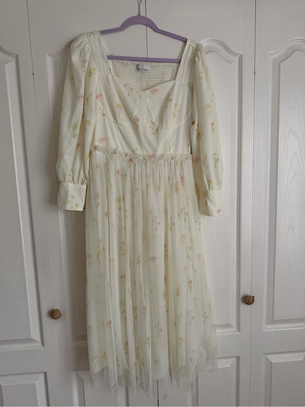 Ivy City Co Cream Midi Dress with Pink & Green Floral Print